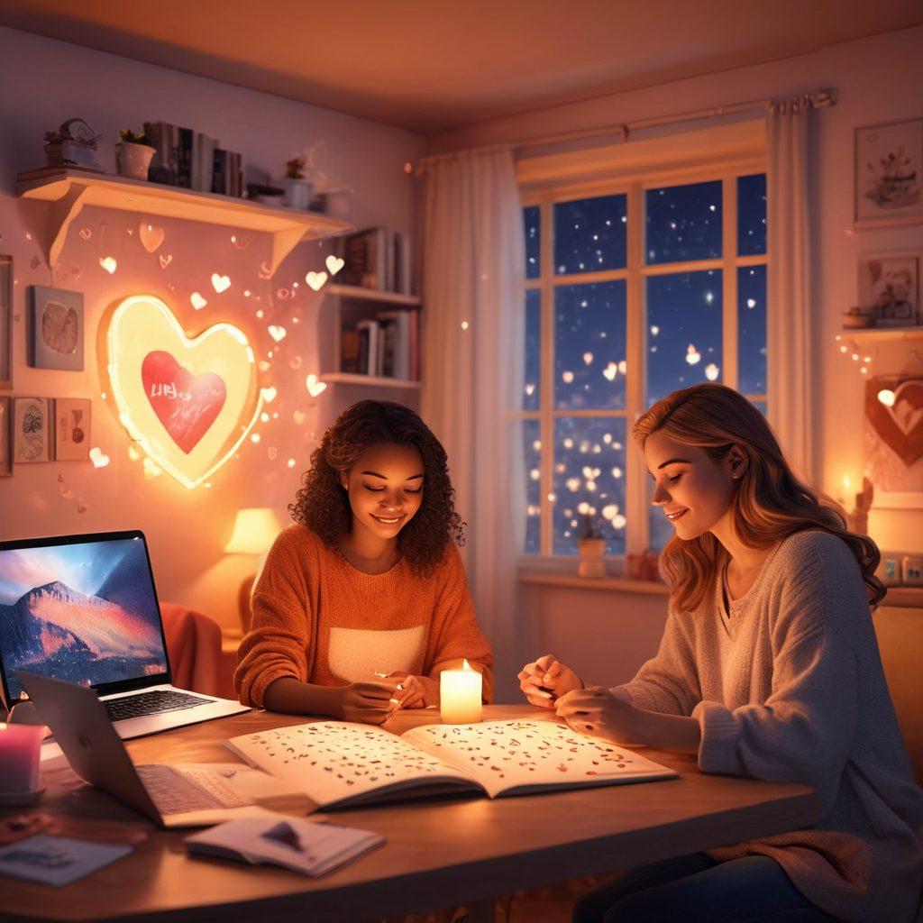 A cozy, warm scene depicting a couple engaging in digital storytelling, surrounded by hearts and glowing screens. The background features romantic symbols like softly lit candles and floating love letters. Include elements like a laptop with a story on it and heart-shaped emojis floating in the air, creating a sense of connection and affection. The color palette should be soft pastels, invoking a dreamy atmosphere. super-realistic. vibrant colors. cozy mood.
