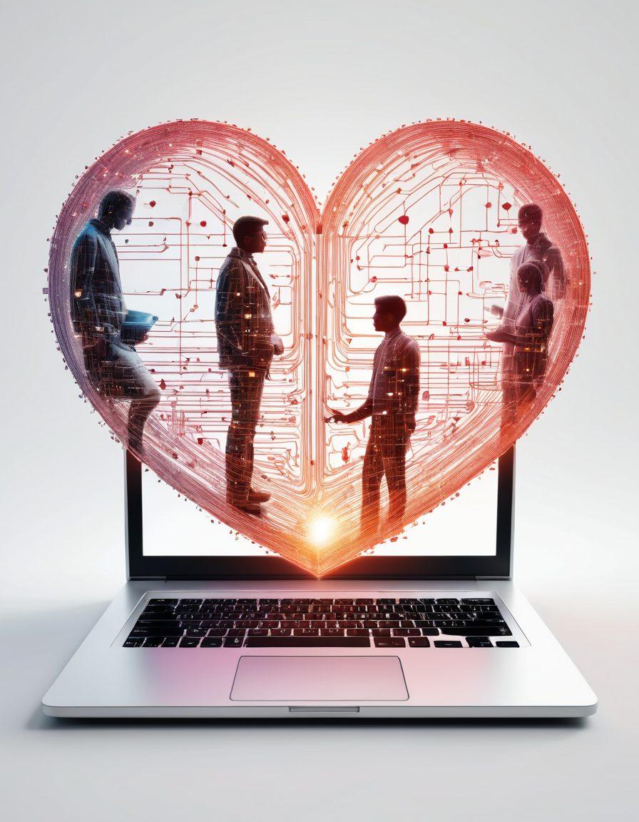 A heart symbol with digital circuits interwoven, representing online connections, surrounded by diverse silhouettes of people engaged in conversations. In the background, a glowing laptop screen shows a vibrant chat interface, emphasizing community interaction. The overall atmosphere is warm and inviting, symbolizing love in the digital age. super-realistic. vibrant colors. white background.