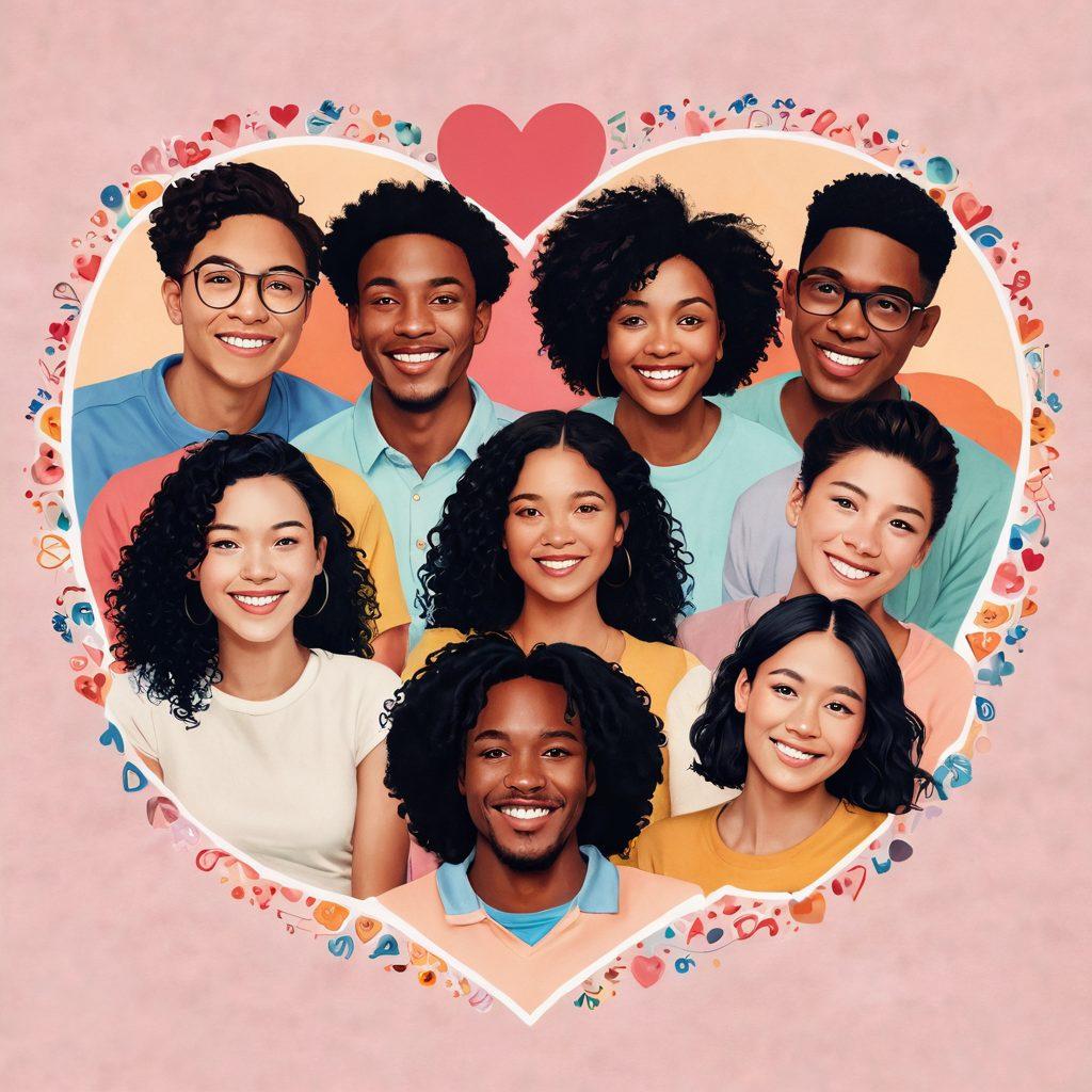 A warm, inviting digital collage featuring diverse people engaging joyfully in video calls, surrounded by heart shapes and connection symbols, symbolizing affection and closeness despite distance. Incorporate soft, glowing lights to evoke a sense of warmth and connection, with delicate illustrations of social media icons blending into the scene. The background should be a soothing blend of pastel colors, enhancing the idea of virtual bonding. painting. vibrant colors.